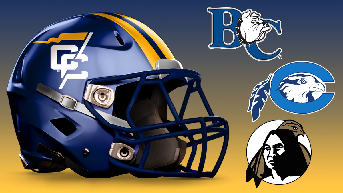 Conference Carolinas logo on a blue football helmet in a graphic with the logos of Barton, Chowan and UNC Pembroke