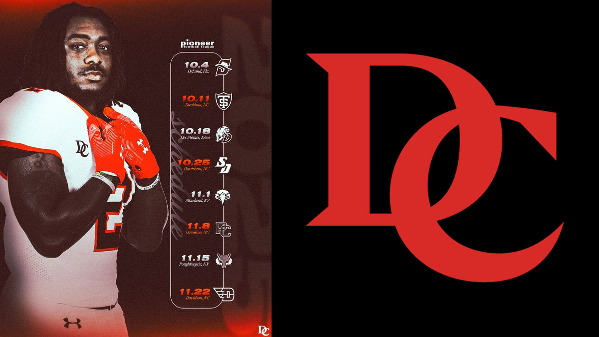 Davidson College official 2025 football schedule release graphic alongside "DC" logo