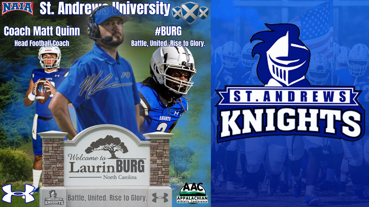 A collage of images announcing Matt Quinn as the new St. Andrews University football coach.