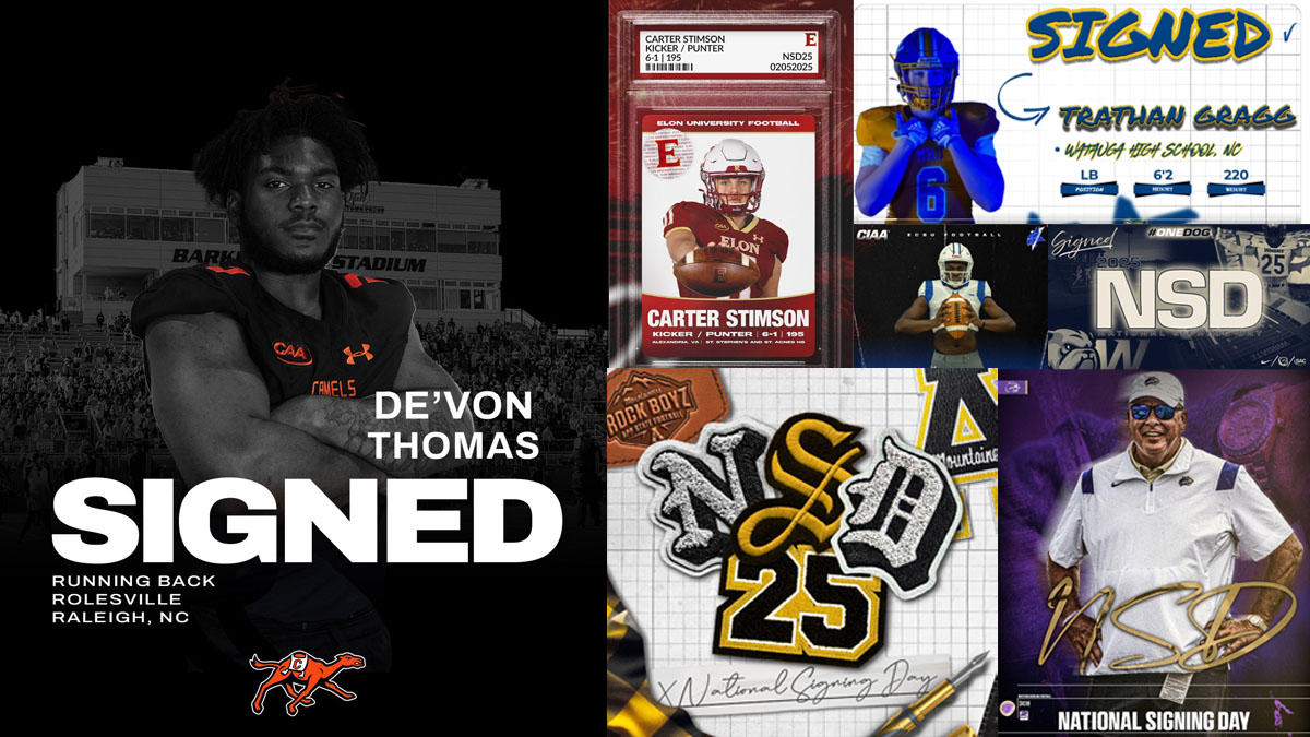 National Signing Day college featuring signing graphics from Campbell, Elon, Appalachian State, Mars Hill, Wingate, Elizabeth City State and Western Carolina.