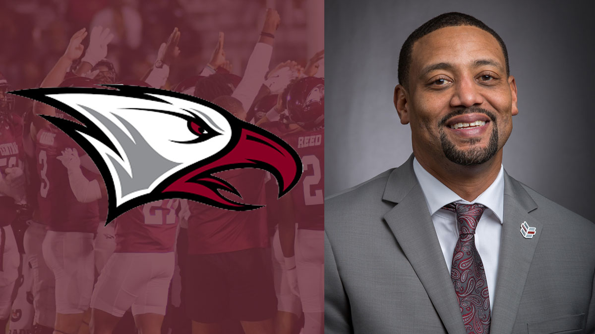 North Carolina Central football coach Trei Oliver pictured in a graphic with the NCCU logo