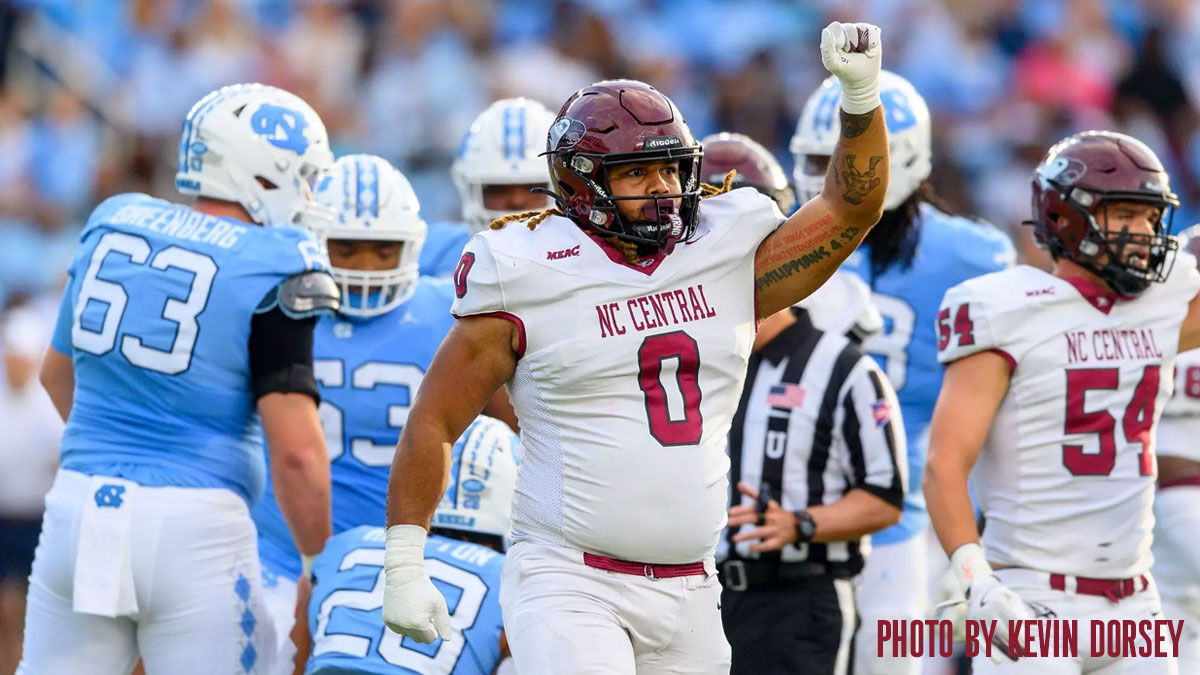 North Carolina Central celebrates a play against UNC in 2024