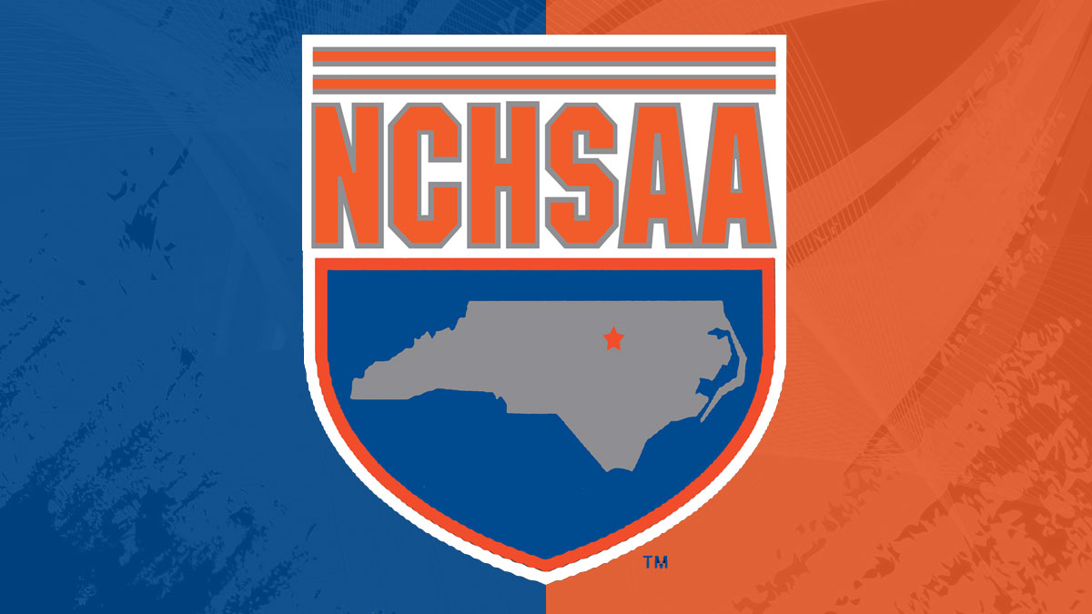 The North Carolina High School Athletic Association (NCHSAA) logo on blue and orange background.