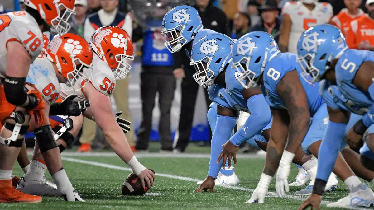 UNC football lines up for a play against Clemson.