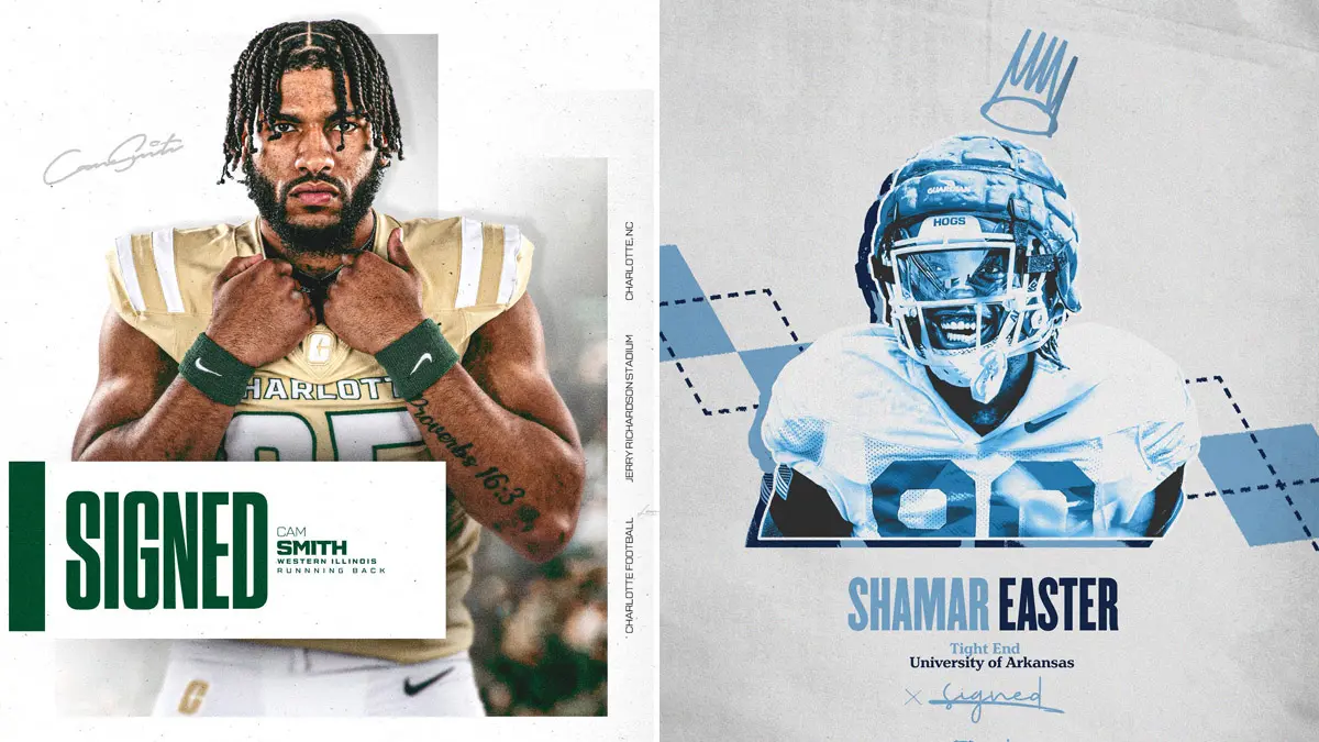 New transfer portal signings include Cam Smith (to Charlotte) and Shamar Easter (to North Carolina)