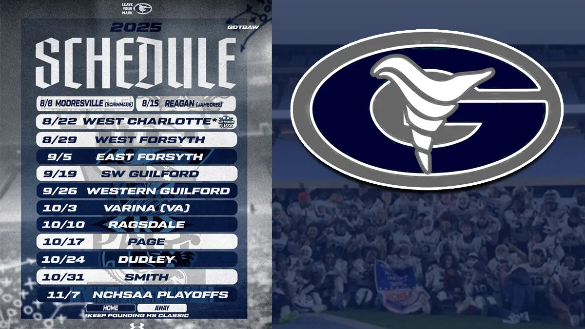 Grimsley High's 2025 football schedule alongside a photo of the 2024 state championship team.