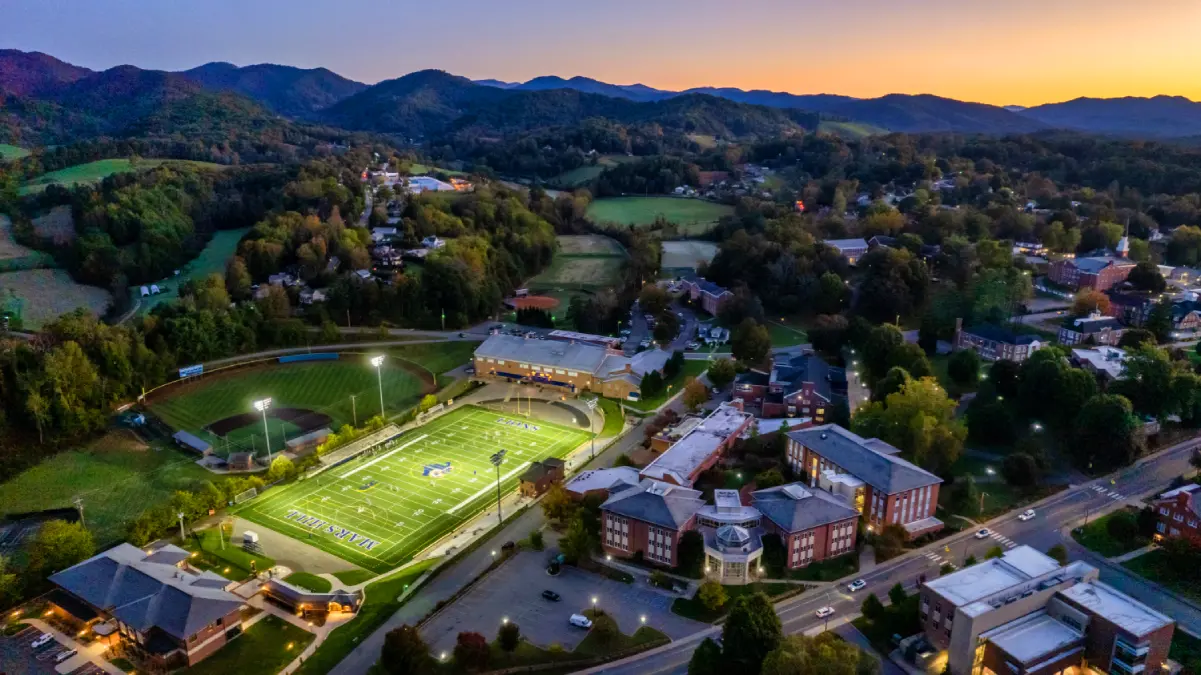 An aerial view of Meares Stadium at Mars Hill University, shown shortly before sunset.