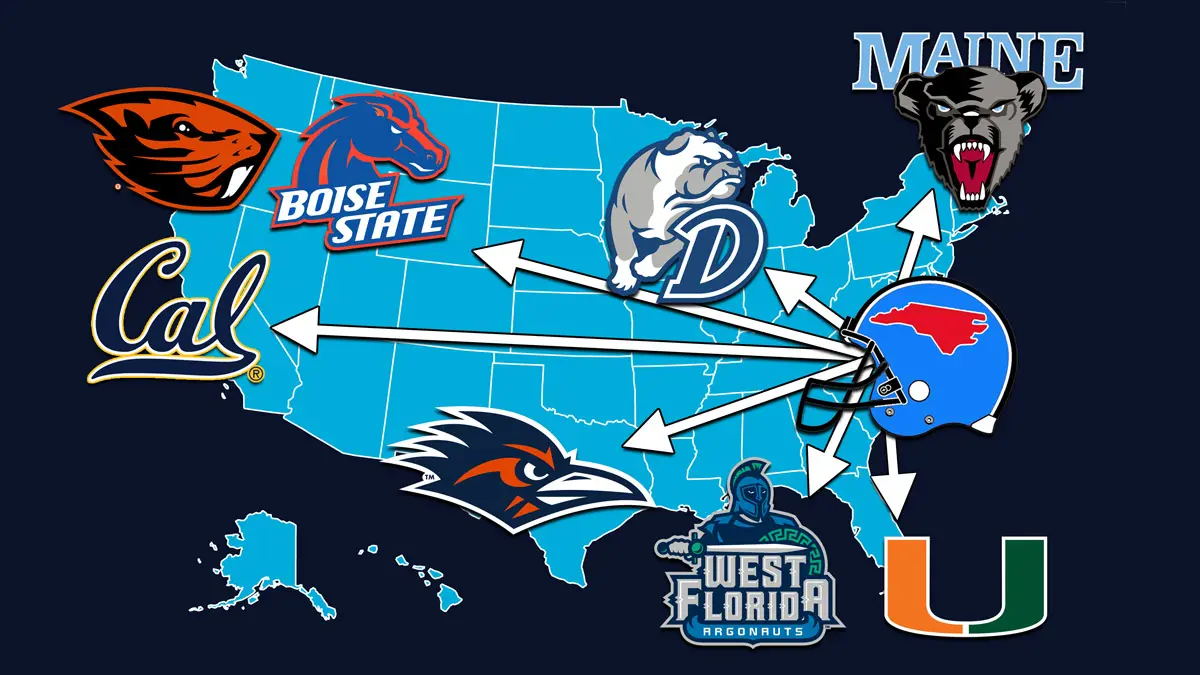 A map of the United States depicting the longest road trips that NC college football teams will face in 2025.