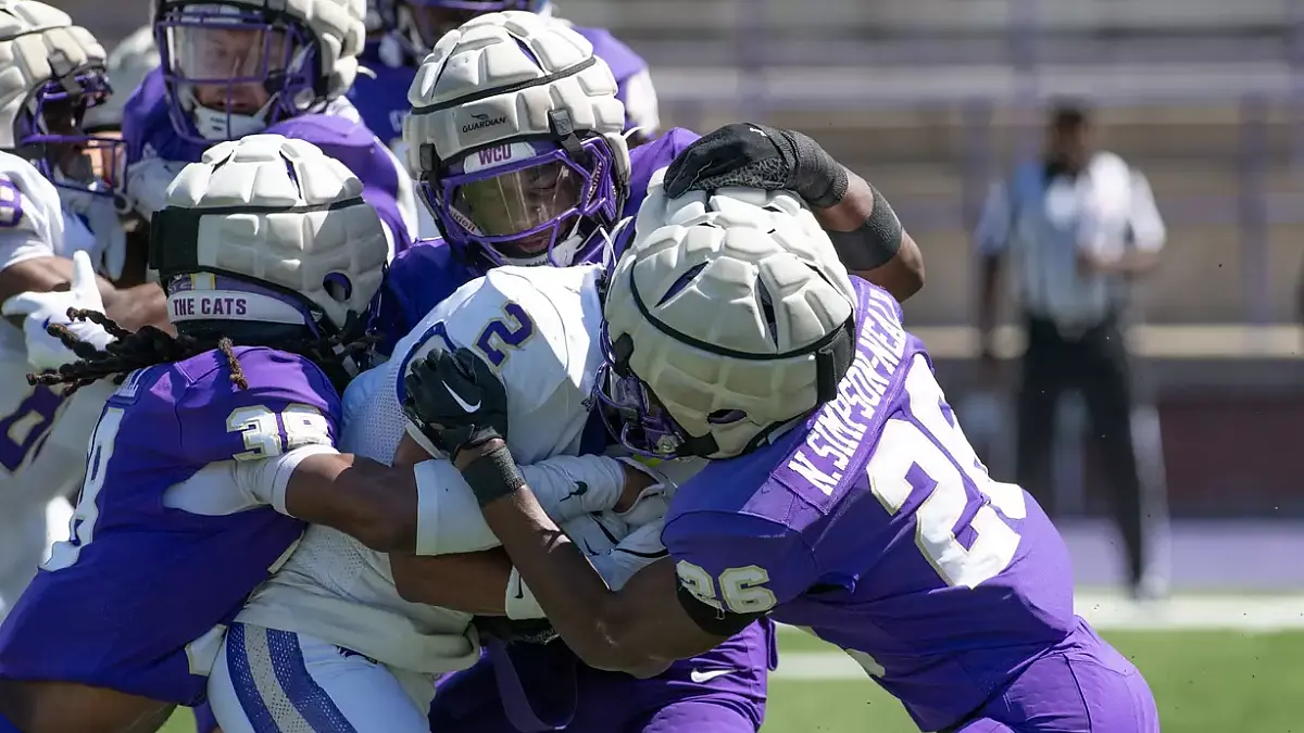 Western Carolina players collide during the Catamounts spring game in April 2025