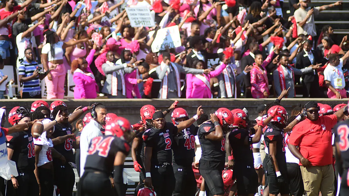 Winston-Salem State players and fans get fired up before the start of a 2024 game against visiting Johnson C. Smith.