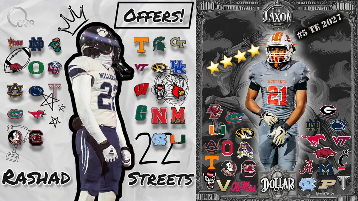Graphics depicting college recruiting offers for Millbrook's Rashad Streets and East Lincoln's Jaxson Dollar.