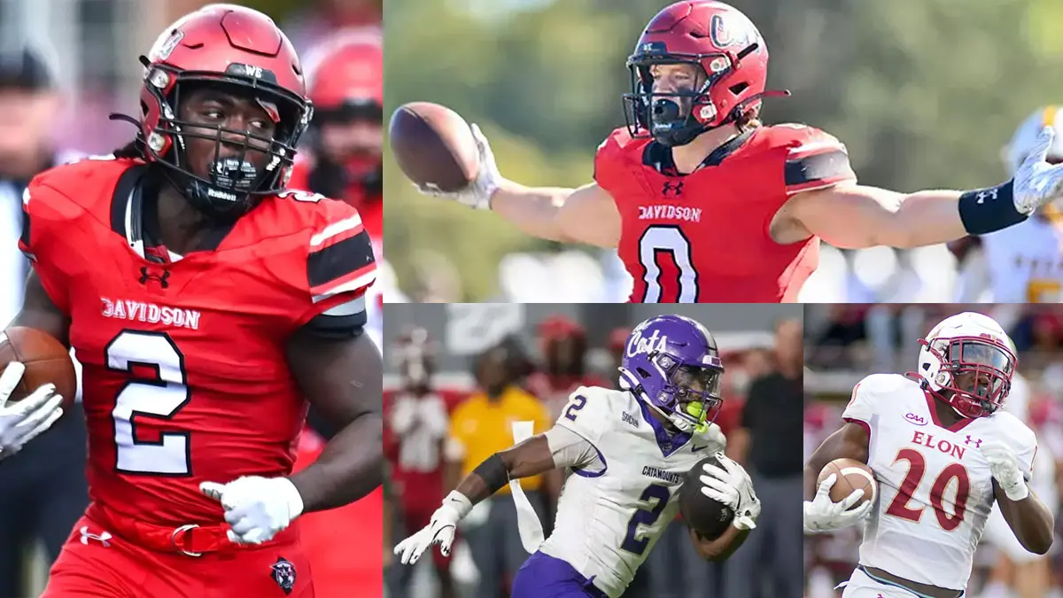 The top four returning FCS rushers in North Carolina for 2025 - Mari Adams, Mason Sheron, Branson Adams and TJ Thomas pictured in game action from 2024