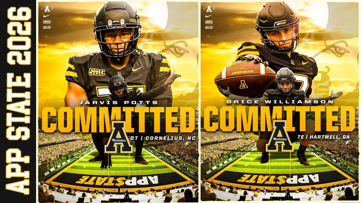 Appalachian State 2026 football commitments Jarvis Potts (Hough High) and Brice Williamson (Prince Avenue Christian).
