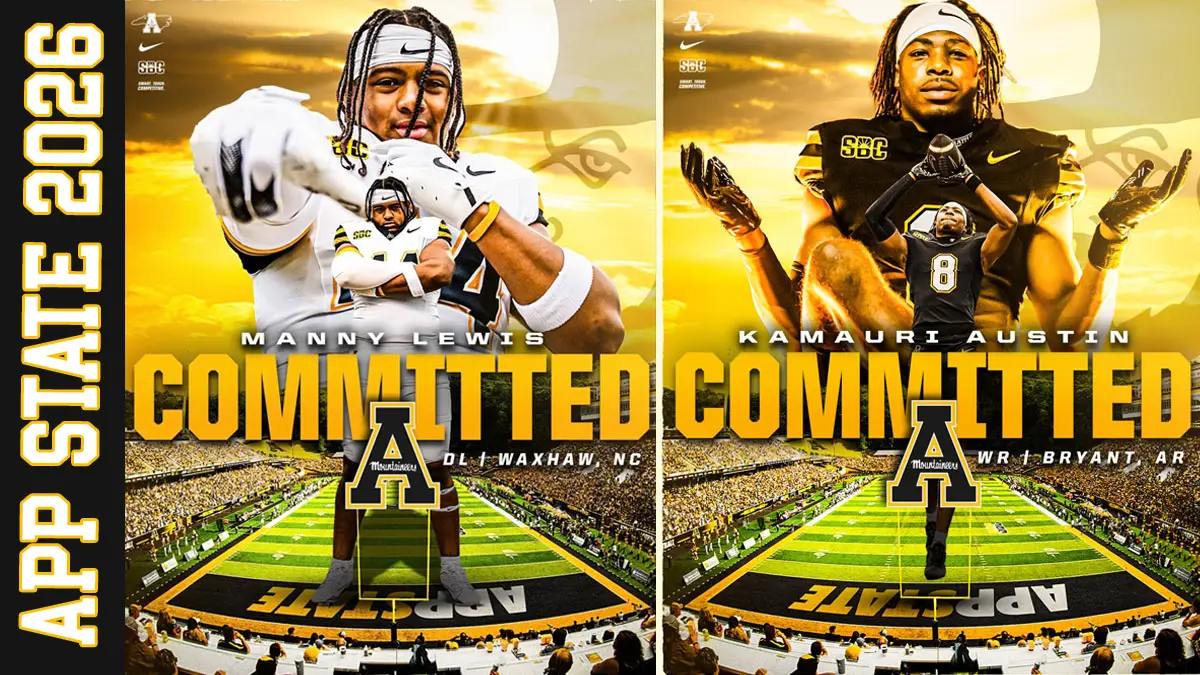Manny Lewis from Waxhaw and Kamauri Austin from Bryant, AR, use bold, colorful graphics to announce their commitments to play football at App State in 2026