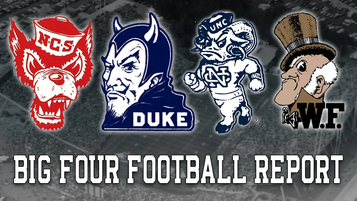 Vintage logos for NC State, UNC, Duke and Wake Forest, against the background of a black-and-white photo of NC State's Carter-Finley Stadium.