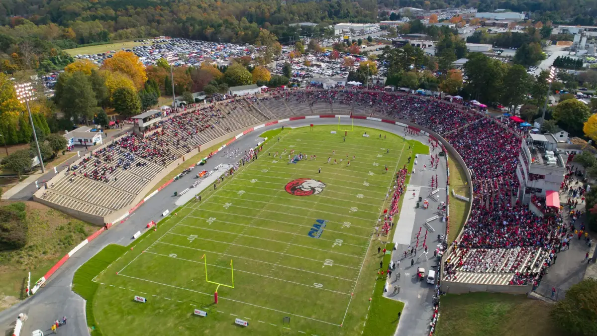 An aerial view of Bowman Gray Stadium in Winston-Salem during a Winston-Salem State home football game.