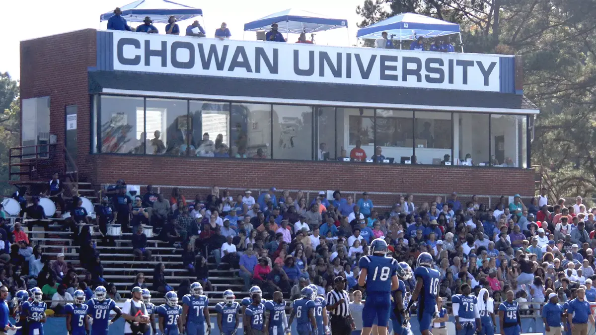 View of the home sidelines and the press box at Chowan University's Garrison Stadium