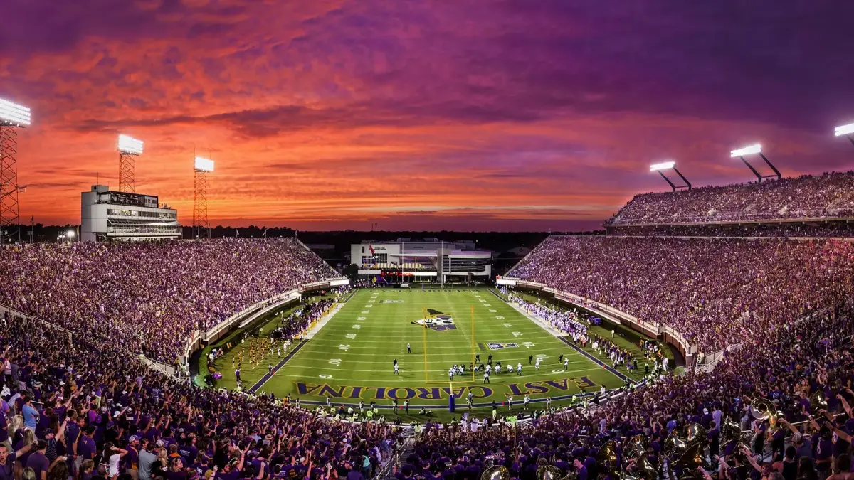 Sunset over East Carolina football's Dowdy-Ficklen Stadium in Greenville, NC