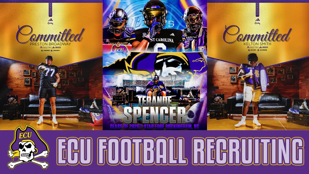 2026 football prospects Preston Broadway, Terande Spencer and Kelton Smith announce their commitments to East Carolina with colorful commit graphics cards.