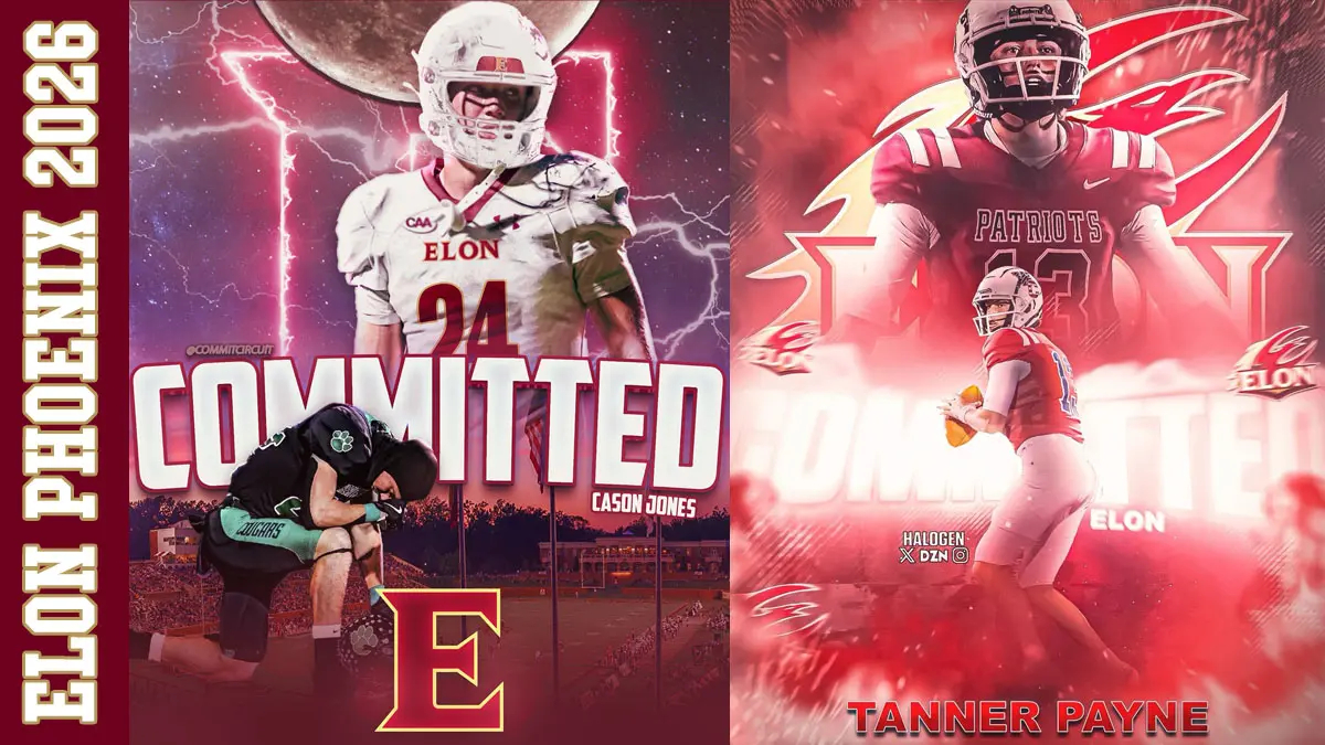 Cason Jones and Tanner Payne announce their commitment to Elon football with vibrant social media graphics