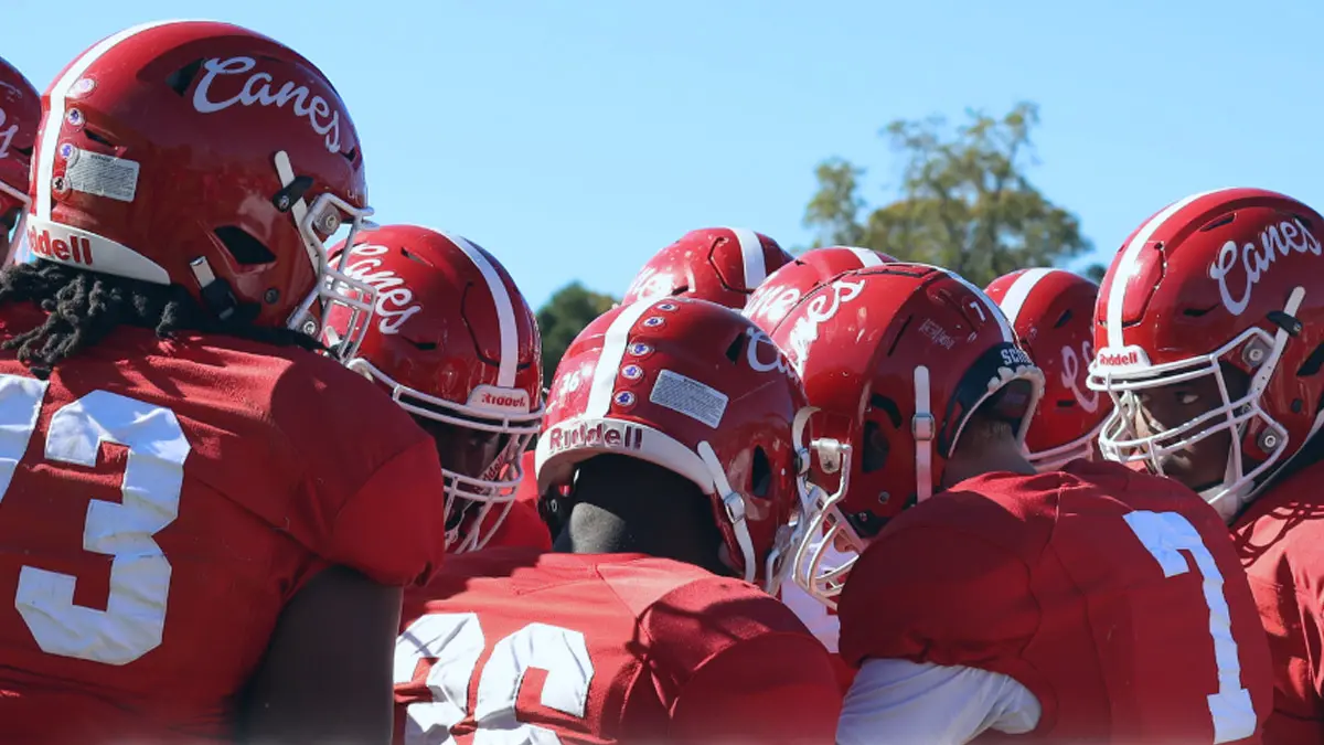 Louisburg College huddle up during a 2024 junior college football game.