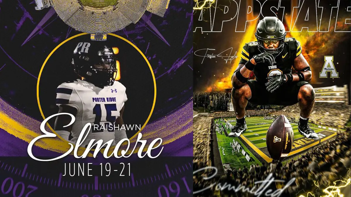 Graphics depicting recent college commitments for Rai'shawn Elmore (to ECU) and Tristan Lyles (Appalachian State)