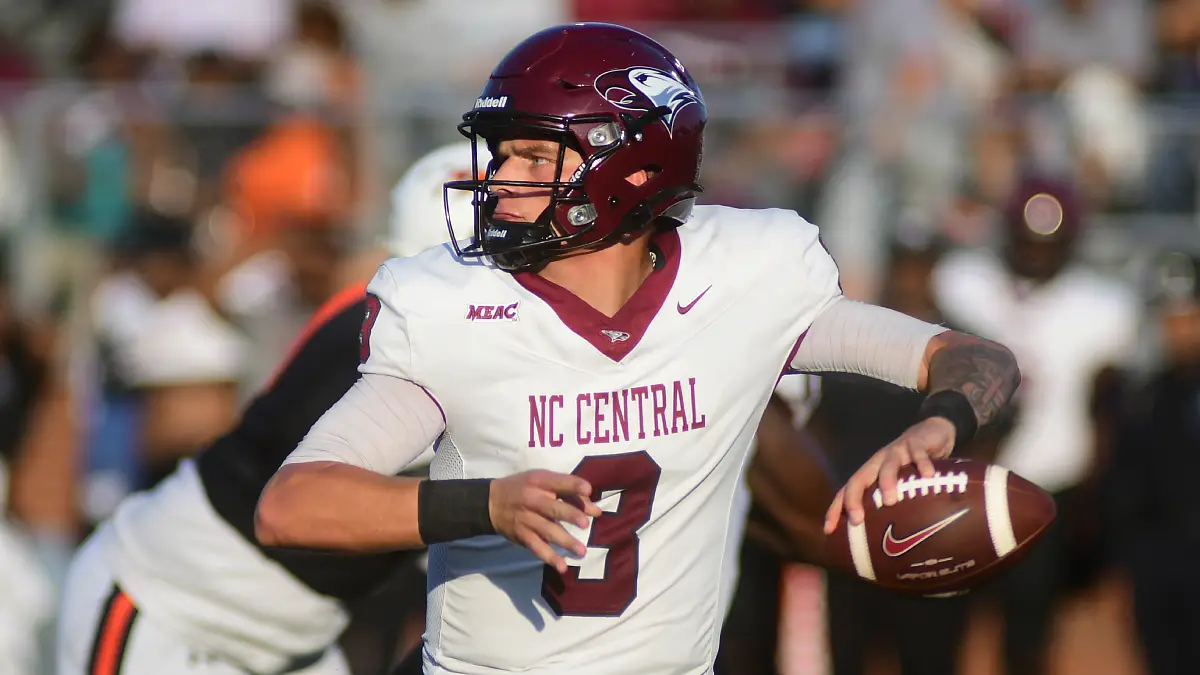 Left-handed quarterback Walker Harris takes aim during a NC Central football game against Campbell in 2024.