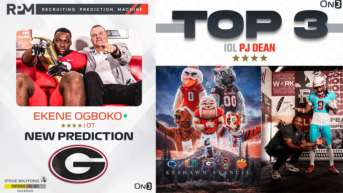 Recruiting graphics featuring 2026 NC high school prospects Ekene Ogboko, Keshawn Stancil, PJ Dean and Samari Matthews.