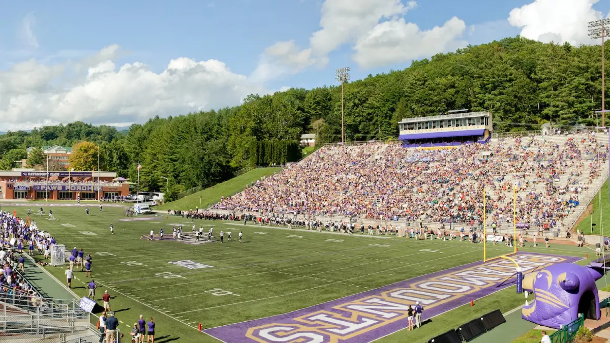A crowd fills up Western Carolina's home stadium - Bob Waters Field at EJ Whitmire Stadium on a game day in Cullowhee.