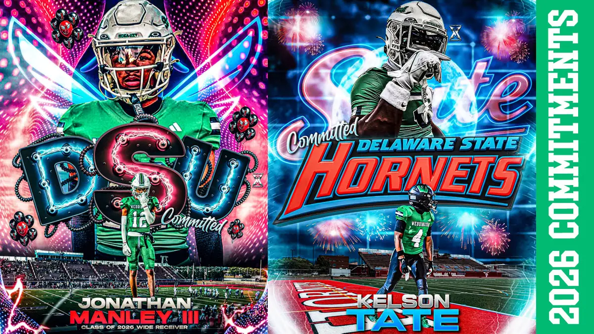 Using colorful commitment graphics, Weddington football players Jonathan Manley and Kelson Tate announce their commitments to Delaware State