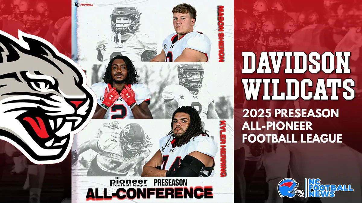 Davidson College put three players on the 2025 Pioneer Football League Preseason Team - Mason Sheron, Mari Adams and Kyler Herring.
