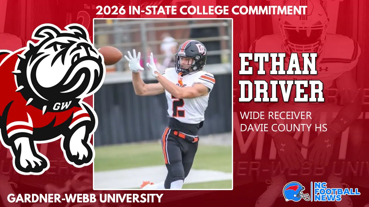 A graphic depicting Davie County wide receiver Ethan Driver's commitment to Gardner-Webb with text and GWU logos.