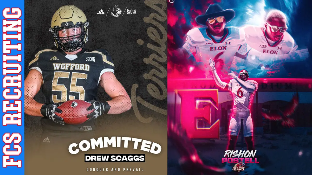 Recent FCS football commits Drew Scaggs (Wofford) and Rishon Postell (Elon) announce their decisions with social media graphics.