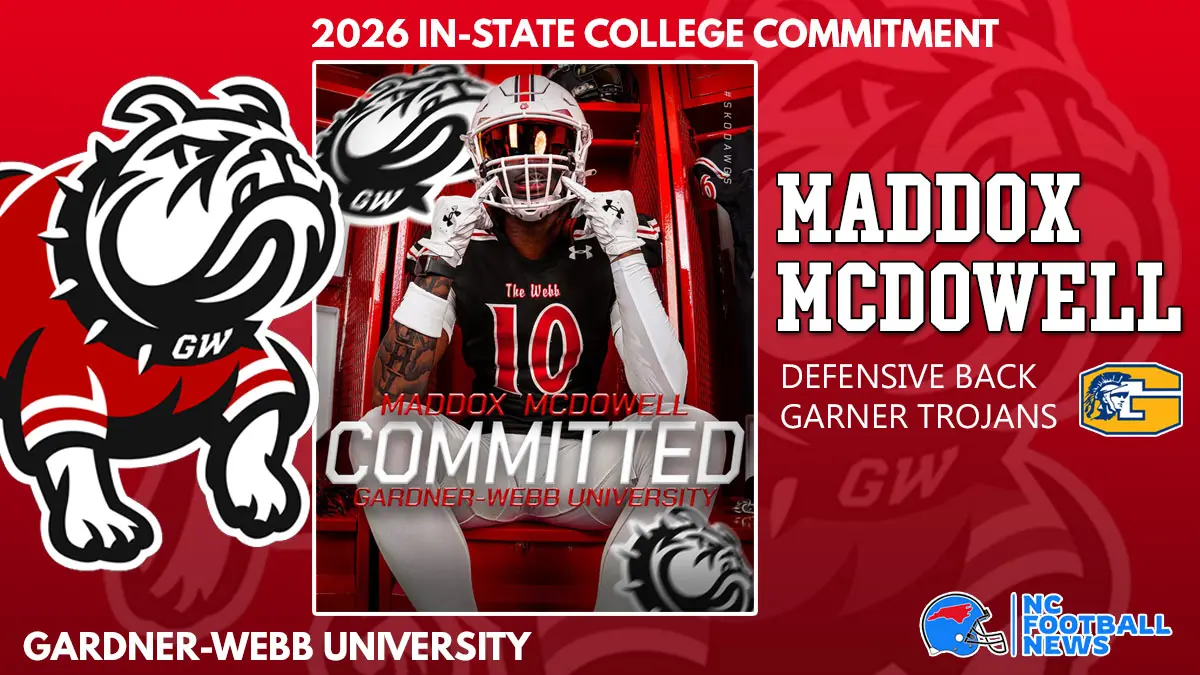 Special graphic recognizing Garner football player Maddox McDowell's commitment to Gardner-Webb University, with text and logos and NC Football News branding.