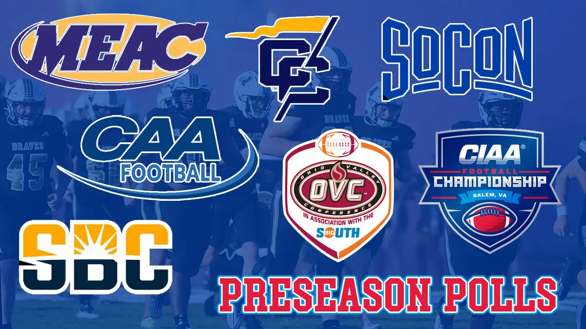 A graphic with various college football conference logos with the text "Preseason Polls" and a group of UNC Pembroke football players in the background.