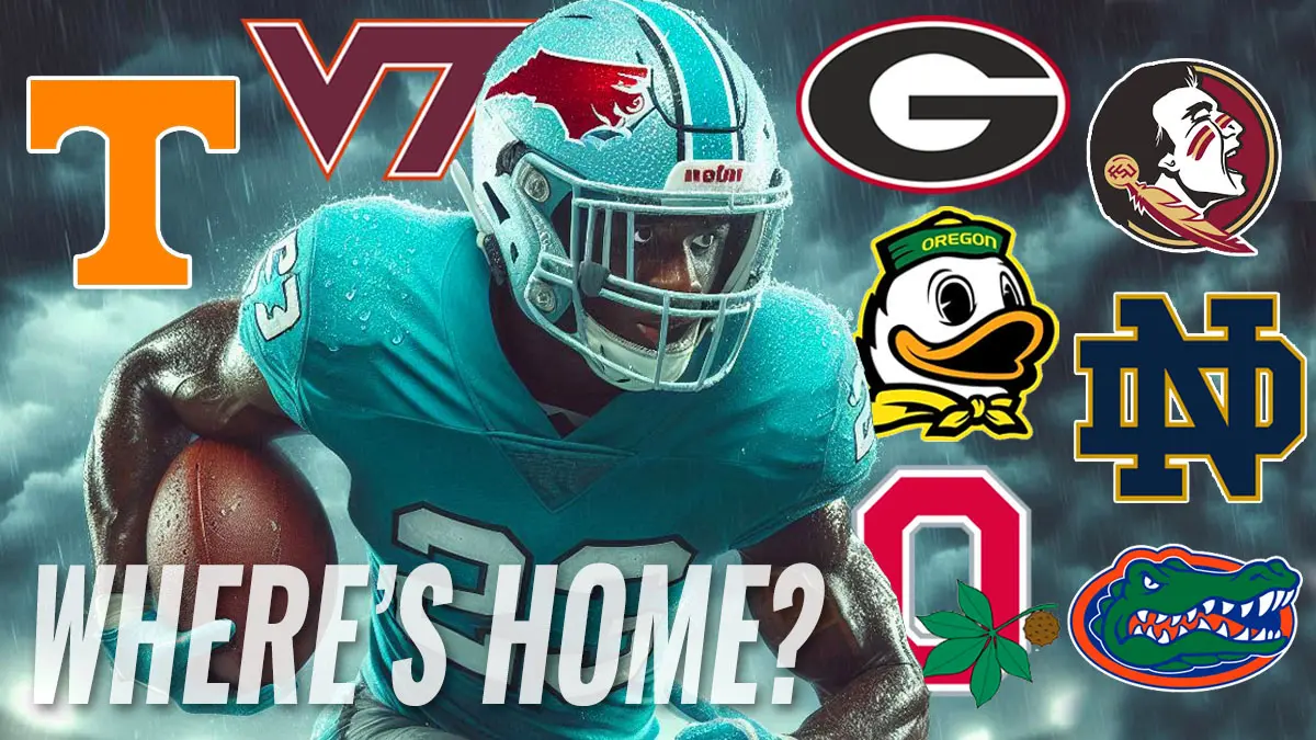 AI-generated North Carolina football player surrounded by logos from SEC and national programs with text “Where’s home?”