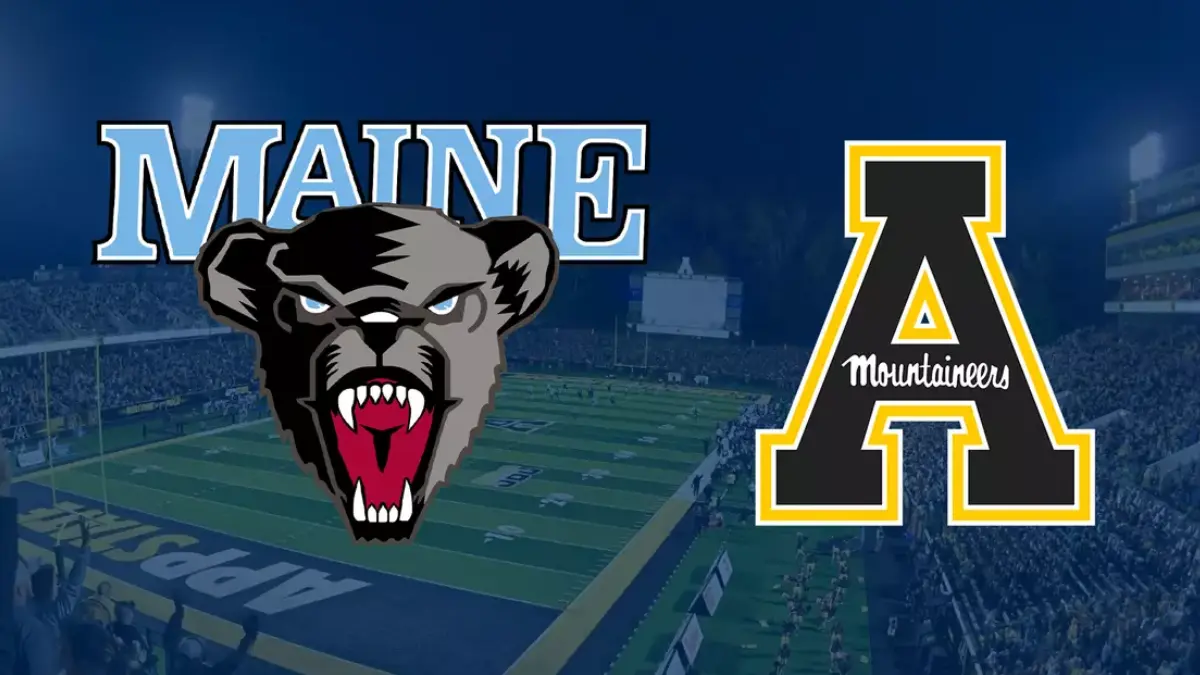 A graphic showing Appalachian State football's Kidd Brewer Stadium as well as logos for App State and future opponent Maine.