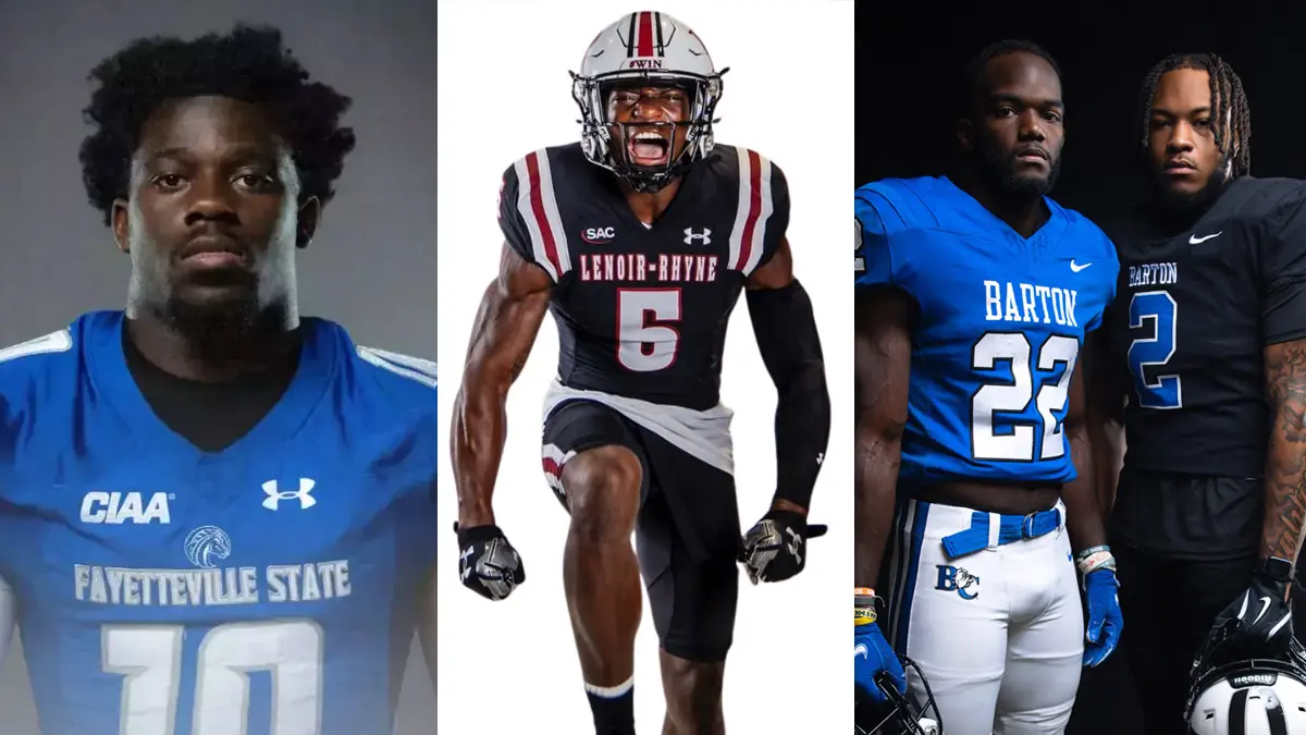 A collage of D2 football players who are part of NC Football News' preseason watch list: Fayetteville State's J'Mari Slade, Lenoir-Rhyne's Zayvion Turner-Knox and Barton's Jackson Parrish and Joshua Hightower.
