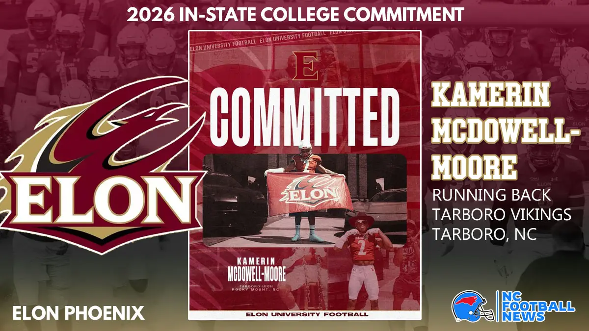 Special graphic depicting Tarboro standout Kamerin McDowell-Moore's committed to play football at Elon University in 2026.