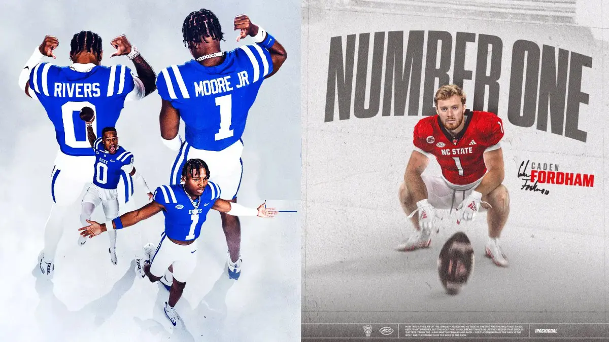 Images of top FBS football players in North Carolina for 2025: Duke's Terry Moore and Chandler Rivers, and NC State's Caden Fordham
