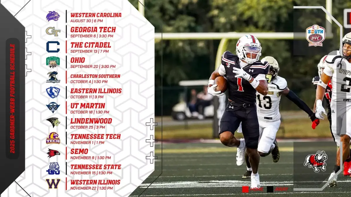 A graphic depicting Gardner-Webb's 2025 football schedule, including a photo of wide receiver Anthony Lowe.