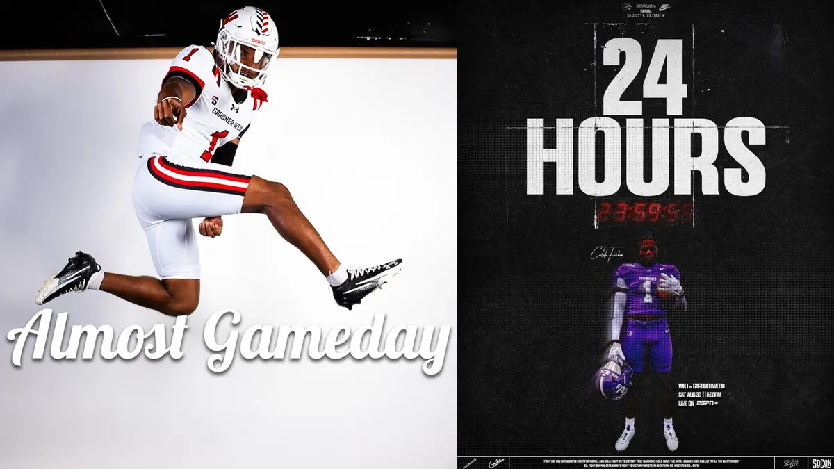 A graphic depicting a Gardner-Webb football player and a Western Carolina football player on the eve of the Bulldogs-Catamounts game in Cullowhee.