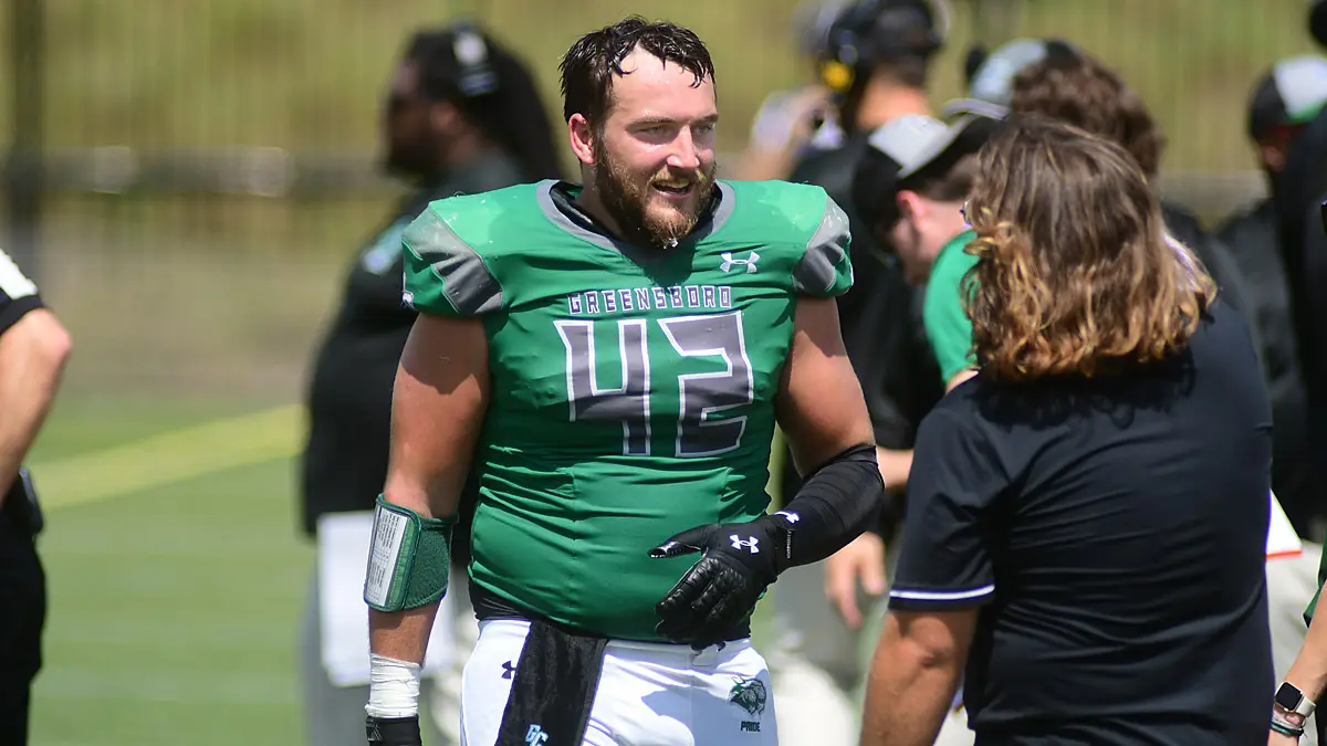 Greensboro College has added former linebacker Max Steele to the coaching staff. Steele is shown here during a break in a 2024 game against Guilford College.