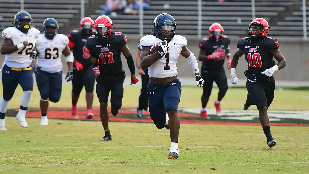 Johnson C. Smith's Kamarro Edmunds runs for a big gain against Winston-Salem State in an October 2024 game.