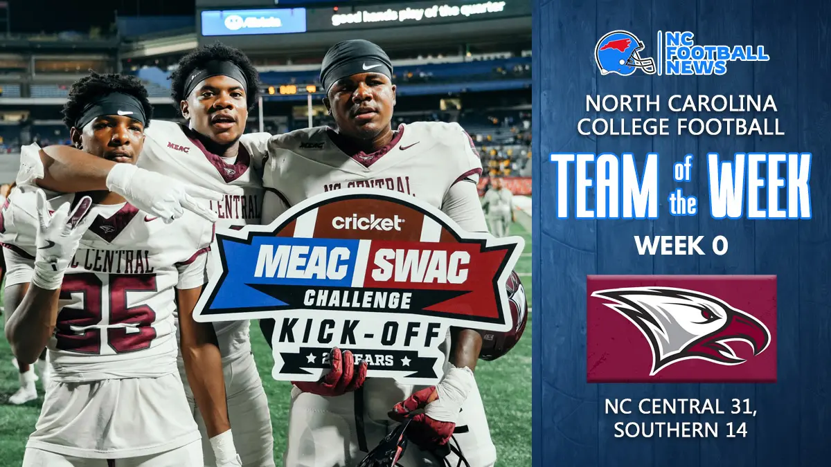 A graphic depicting North Carolina Central as our NC Football News "Team of the Week" for Week 0 of the 2025 season, featuring a photo and team graphics.