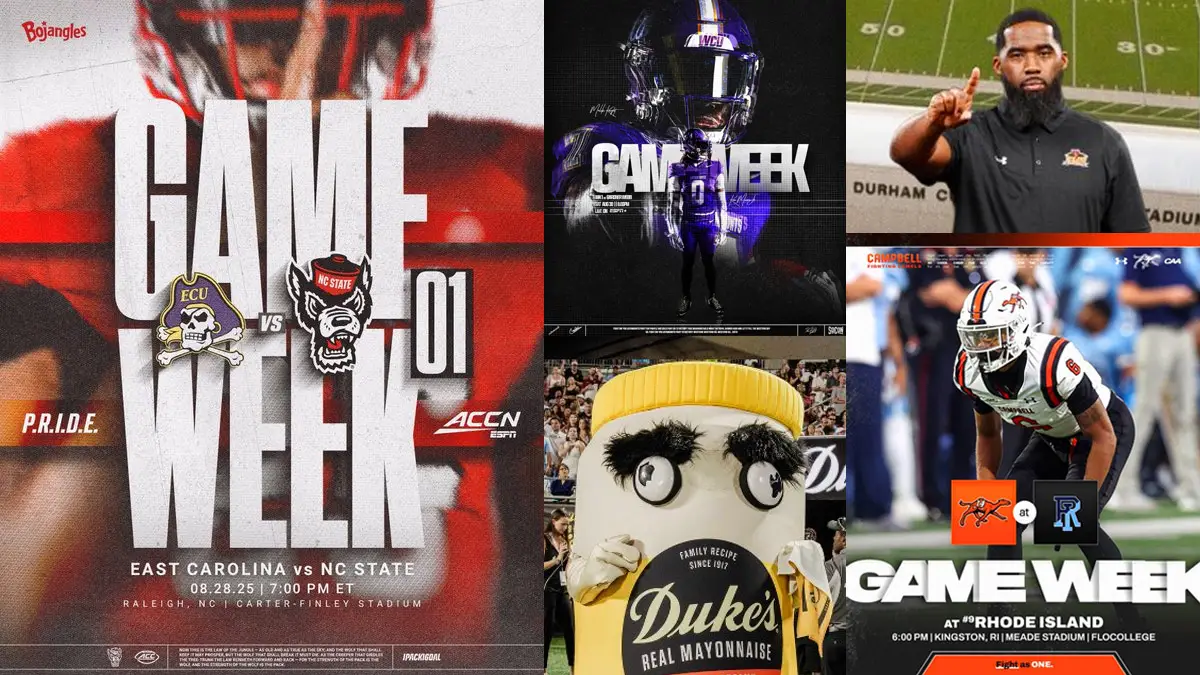 A collage of "Game Week" graphics from multiple North Carolina college football programs to mark Week 1 of the 2025 season