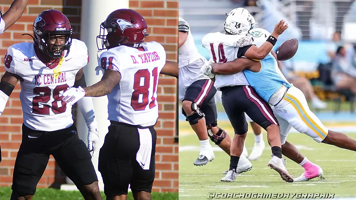 A pair of photos to help preview the North Carolina Central vs. Southern football game. One features NCCU players Jelani Vassell and Darryl Taylor celebrating a touchdown. The other photo features Southern's Ckelby Givens making a sack.