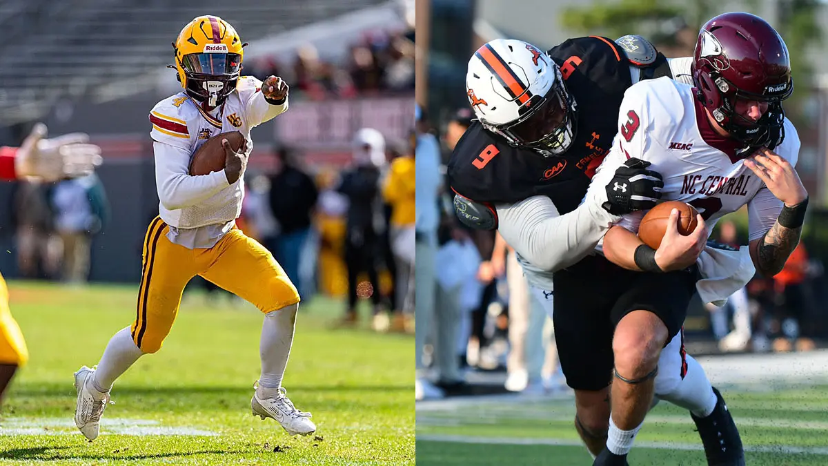A split-screen image featuring a West Charlotte football running back on the left side and NCCU quarterback Walker Harris on the right side