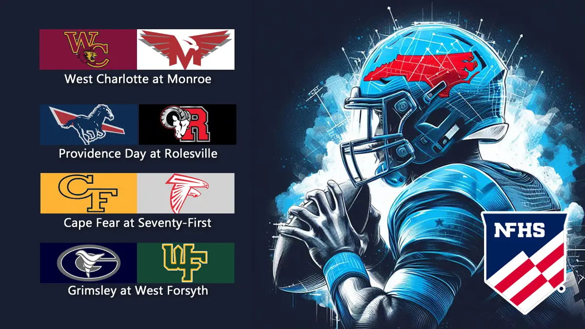 North Carolina High School Football | Week 2 - NCFootballNews A graphic depicting the top North Carolina high school football matchups for week two, including West Charlotte at Monroe and Grimsley at West Forsyth.