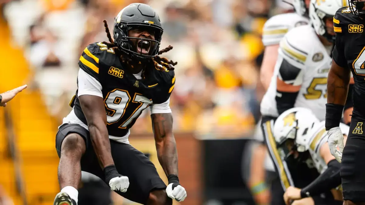 Kevin Abrams-Verwayne celebrates a defensive play during Appalachian State's 20-13 win over Lindenwood.